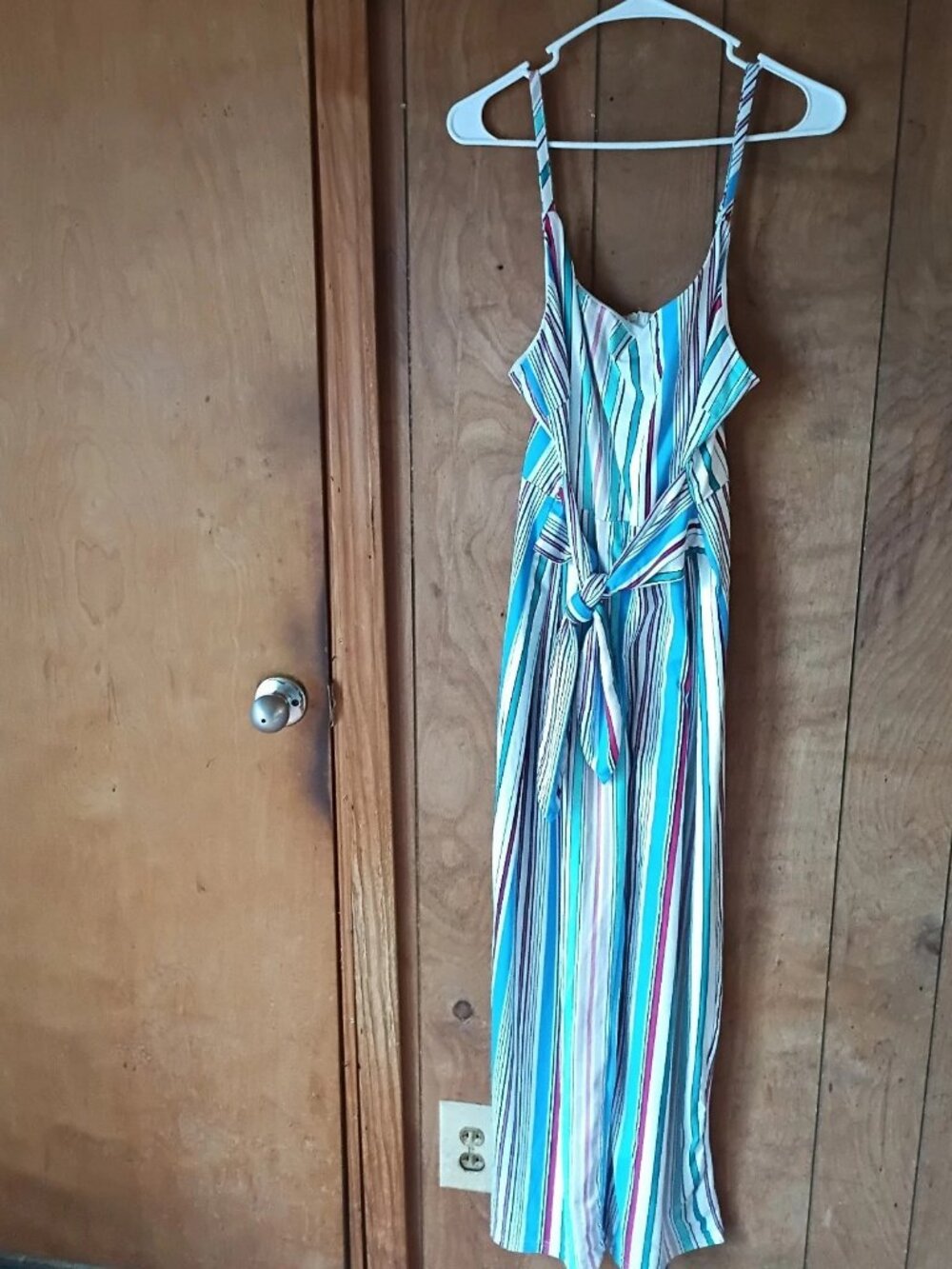 Good Luck Gem Women’s Striped Jumpsuit Size L Tie Front Spaghetti Strap Wide Leg